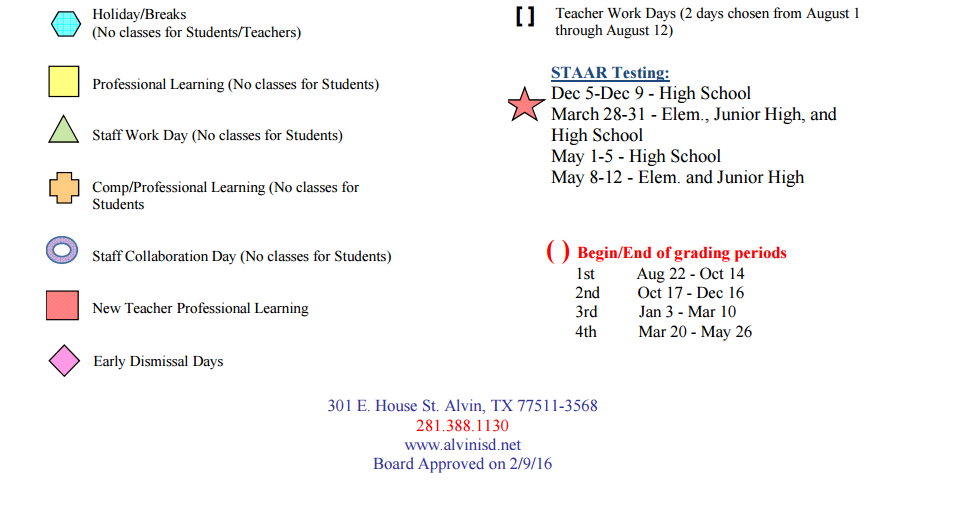 District School Academic Calendar Key for Alvin Reach School