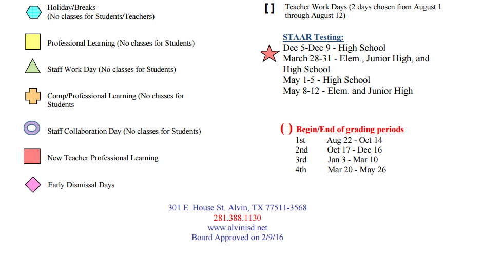 District School Academic Calendar Key for Alvin Elementary