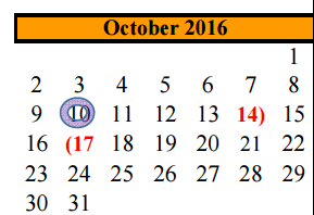 District School Academic Calendar for Brazoria Co J J A E P for October 2016