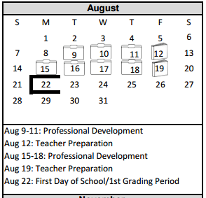 District School Academic Calendar for Glenwood Elementary for August 2016
