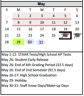 District School Academic Calendar for Amarillo Area Ctr For Advanced Lrn for May 2017