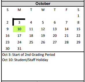 District School Academic Calendar for Homebound for October 2016