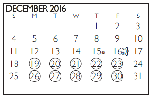 District School Academic Calendar for Venture Alter High School for December 2016