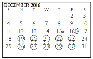 District School Academic Calendar for Short Elementary for December 2016