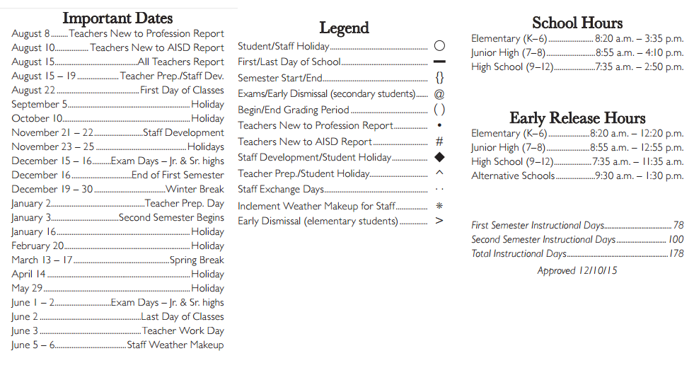 District School Academic Calendar Key for Short Elementary