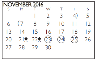District School Academic Calendar for Bailey Junior High for November 2016