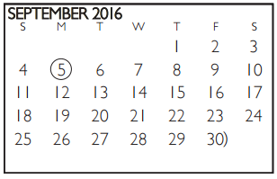 District School Academic Calendar for Shackelford Junior High for September 2016