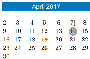 District School Academic Calendar for Undesignated El A for April 2017