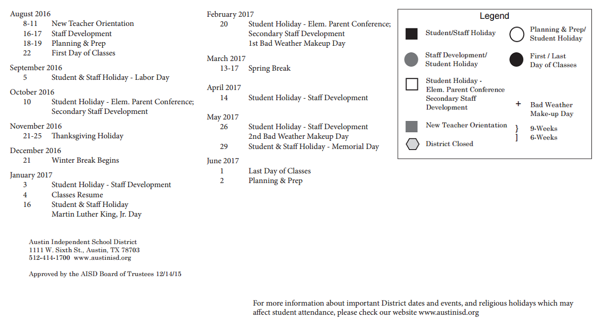 District School Academic Calendar Key for Oak Hill Elementary