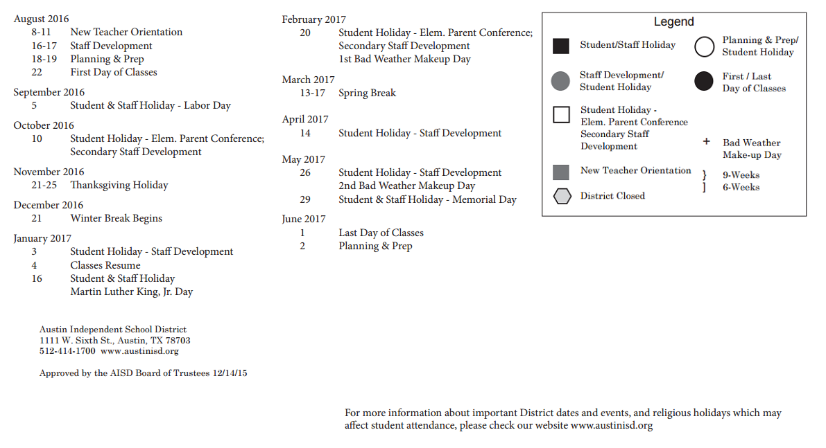 District School Academic Calendar Key for Summitt Elementary