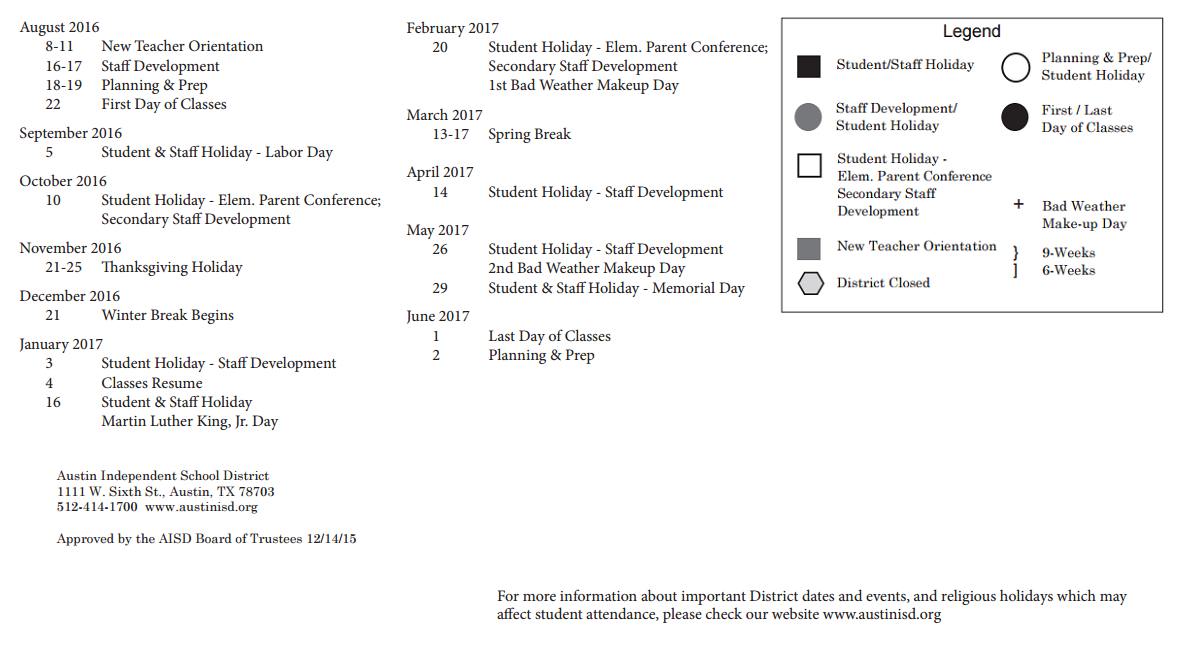 District School Academic Calendar Key for Leadership Academy