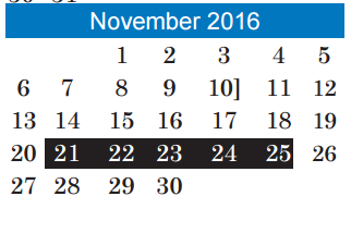 District School Academic Calendar for Southeast Middle School for November 2016