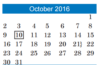 District School Academic Calendar for Pillow Elementary for October 2016