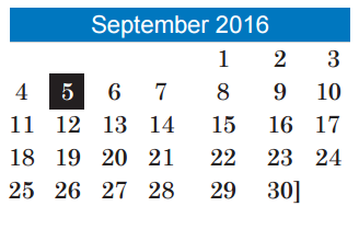 District School Academic Calendar for Undesignated El A for September 2016