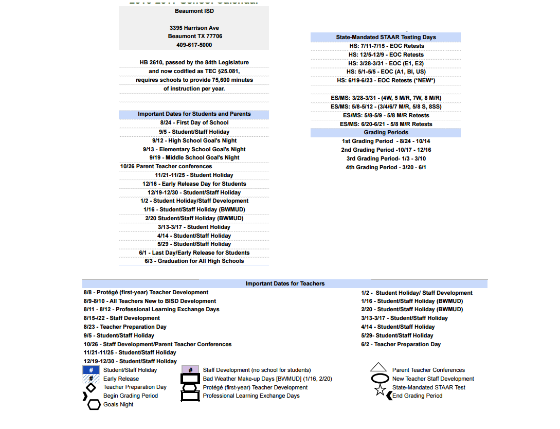 Regina Howell Elementary School District Instructional Calendar