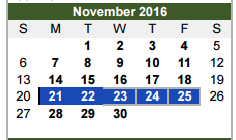 District School Academic Calendar for Marshall Middle School for November 2016