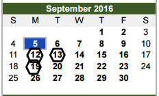 District School Academic Calendar for Bingman Head Start for September 2016