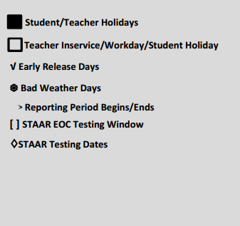 District School Academic Calendar Legend for Bell Co J J A E P