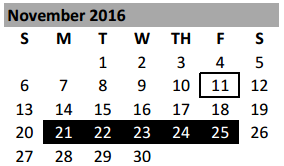 District School Academic Calendar for Tyler Elementary for November 2016