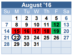 District School Academic Calendar for North Ridge Middle for August 2016