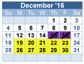 District School Academic Calendar for W T Francisco Elementary for December 2016
