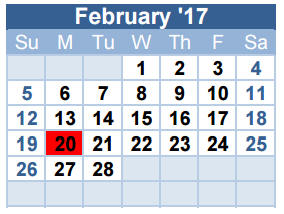 District School Academic Calendar for David E Smith Elementary for February 2017