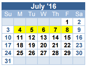 District School Academic Calendar for Smithfield Elementary for July 2016