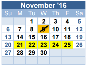 District School Academic Calendar for W T Francisco Elementary for November 2016