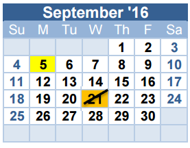 District School Academic Calendar for North Ridge Middle for September 2016