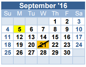 District School Academic Calendar for Smithfield Elementary for September 2016