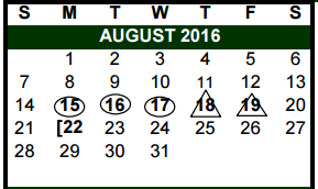 District School Academic Calendar for Meadowlands for August 2016