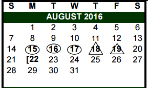 District School Academic Calendar for New Elementary for August 2016