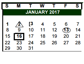 District School Academic Calendar for Curington Elementary for January 2017