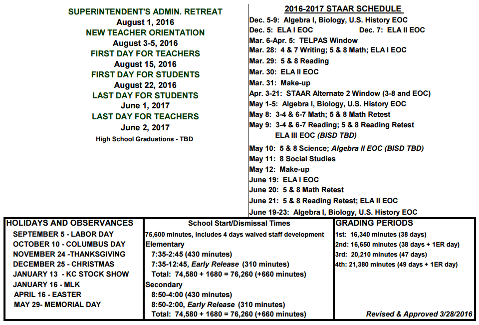 District School Academic Calendar Key for New Elementary