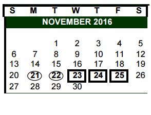 District School Academic Calendar for Boerne Middle School South for November 2016