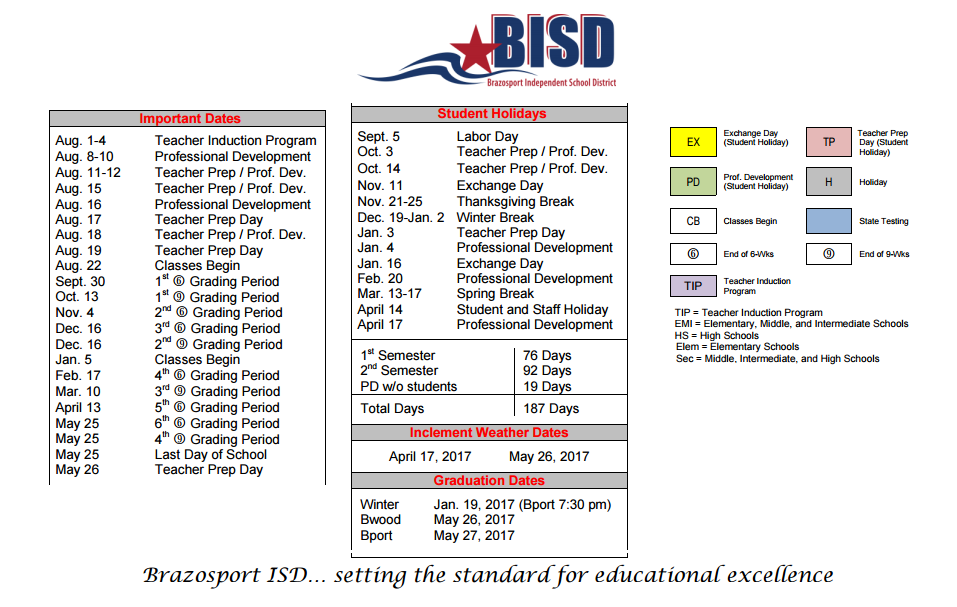 District School Academic Calendar Key for Brazosport High School