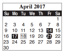 District School Academic Calendar for Adult Ed for April 2017