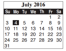 District School Academic Calendar for Skinner Elementary for July 2016