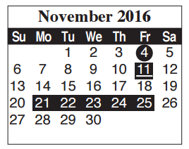 District School Academic Calendar for Cameron Co Juvenile Detention Ctr for November 2016