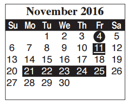 District School Academic Calendar for Cameron Co J J A E P for November 2016