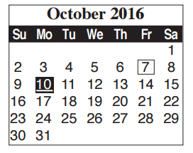 District School Academic Calendar for Cameron Co Juvenile Detention Ctr for October 2016
