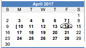 District School Academic Calendar for Brazos Co Juvenile Detention Cente for April 2017