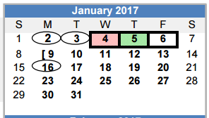 District School Academic Calendar for Jane Long for January 2017