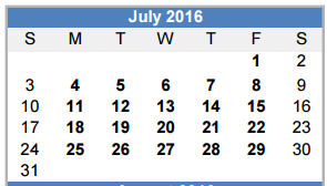 District School Academic Calendar for Jane Long for July 2016