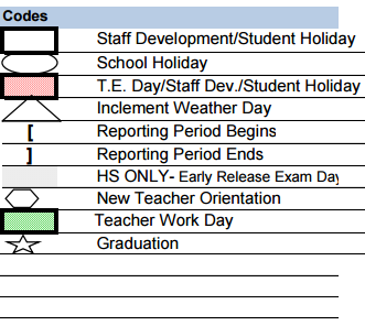 District School Academic Calendar Legend for Special Opportunity School