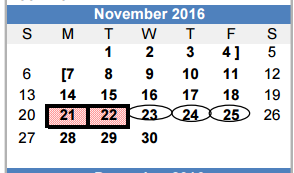 District School Academic Calendar for Brazos Co Juvenile Detention Cente for November 2016