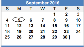 District School Academic Calendar for Brazos County Jjaep for September 2016