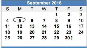 District School Academic Calendar for Ben Milam Elementary for September 2016