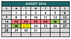 District School Academic Calendar for The Academy At Nola Dunn for August 2016