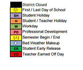 District School Academic Calendar Legend for Frazier Elementary